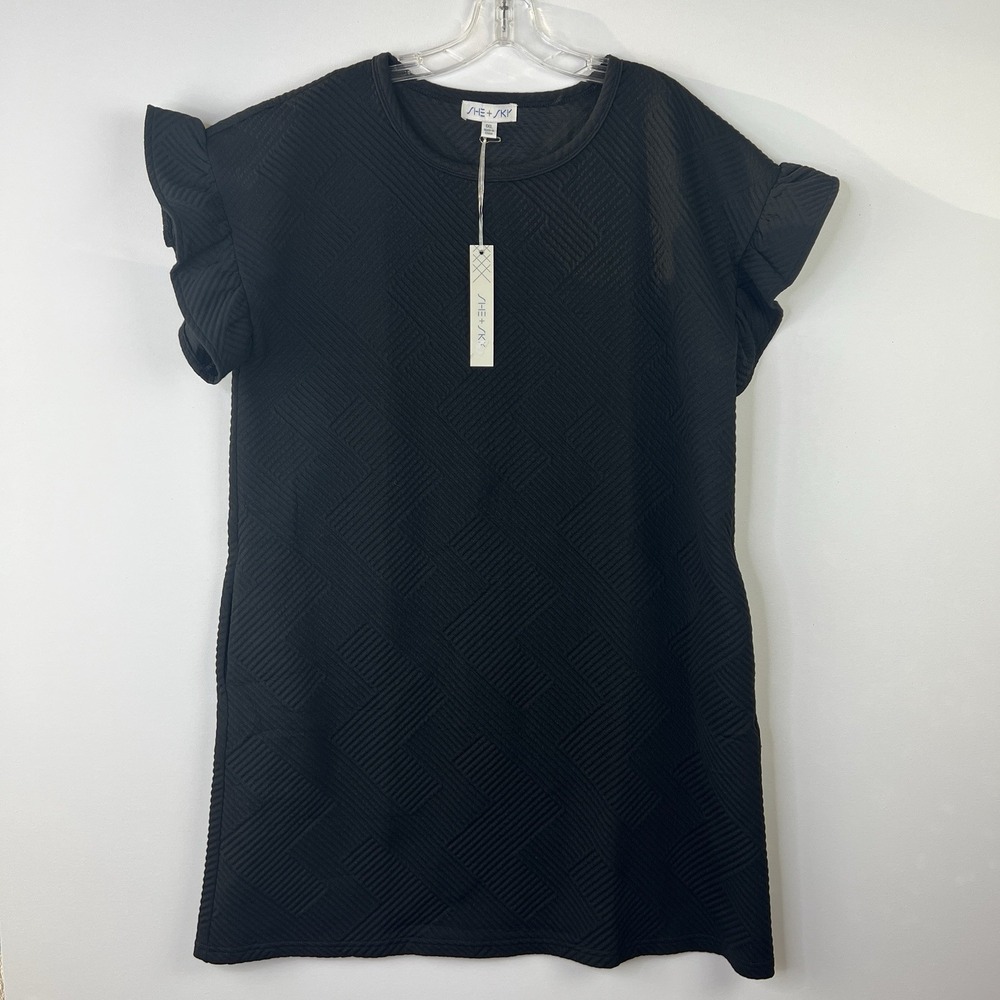 SHE + SKY New! Black Textured Ruffle Minimalist Comfy Boxy Travel Dress‎ Size 1X